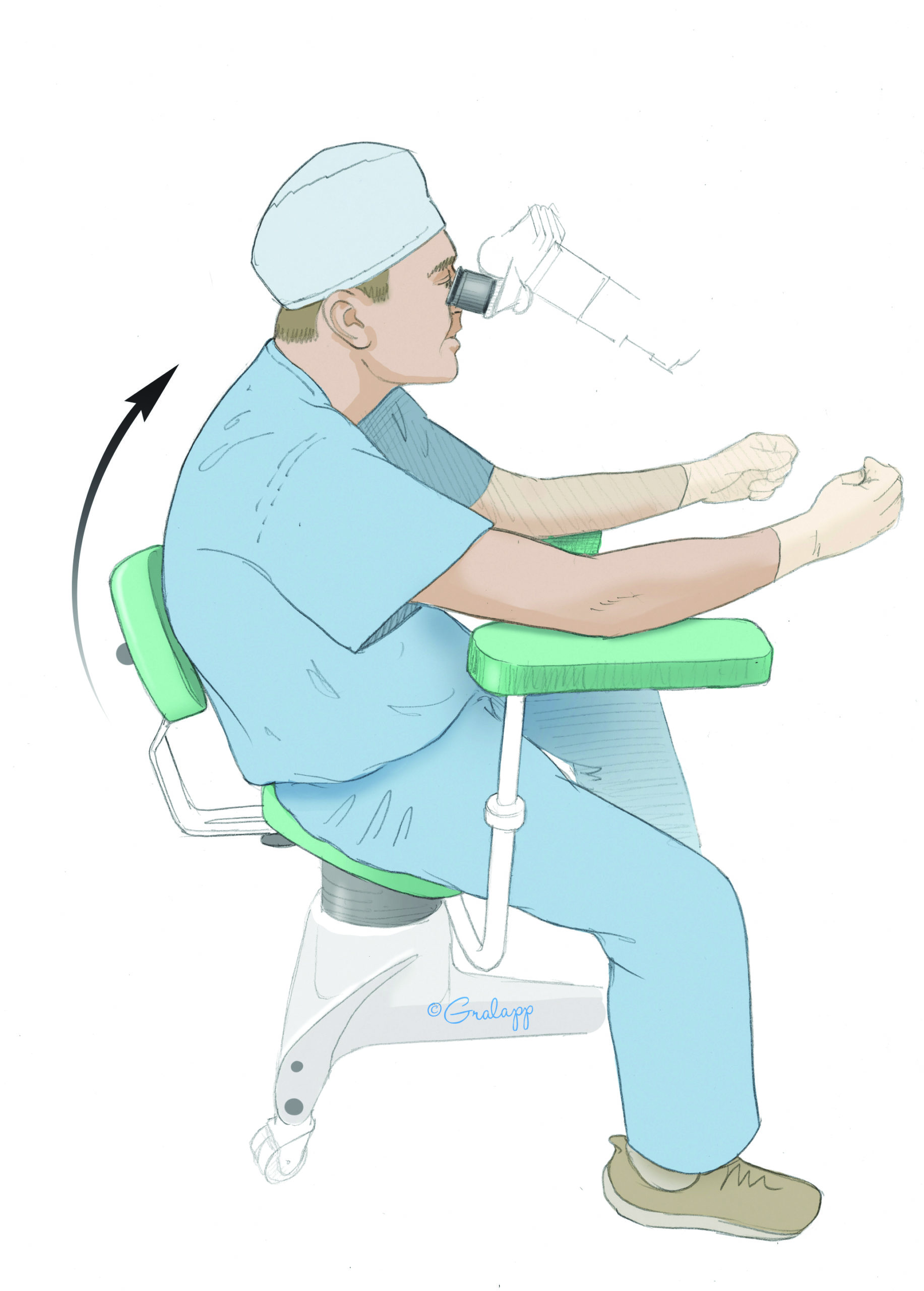 Some otologists were taught to practice the “otological slouch” because theoretically it was a relaxed posture. However, a curved back, rounded shoulders, and a flexed neck is ergonomically unsound and contributes to low back problems. Some otologists were taught to practice the “otological slouch” because theoretically it was a relaxed posture. However, a curved back, rounded shoulders, and a flexed neck is ergonomically unsound and contributes to low back problems.