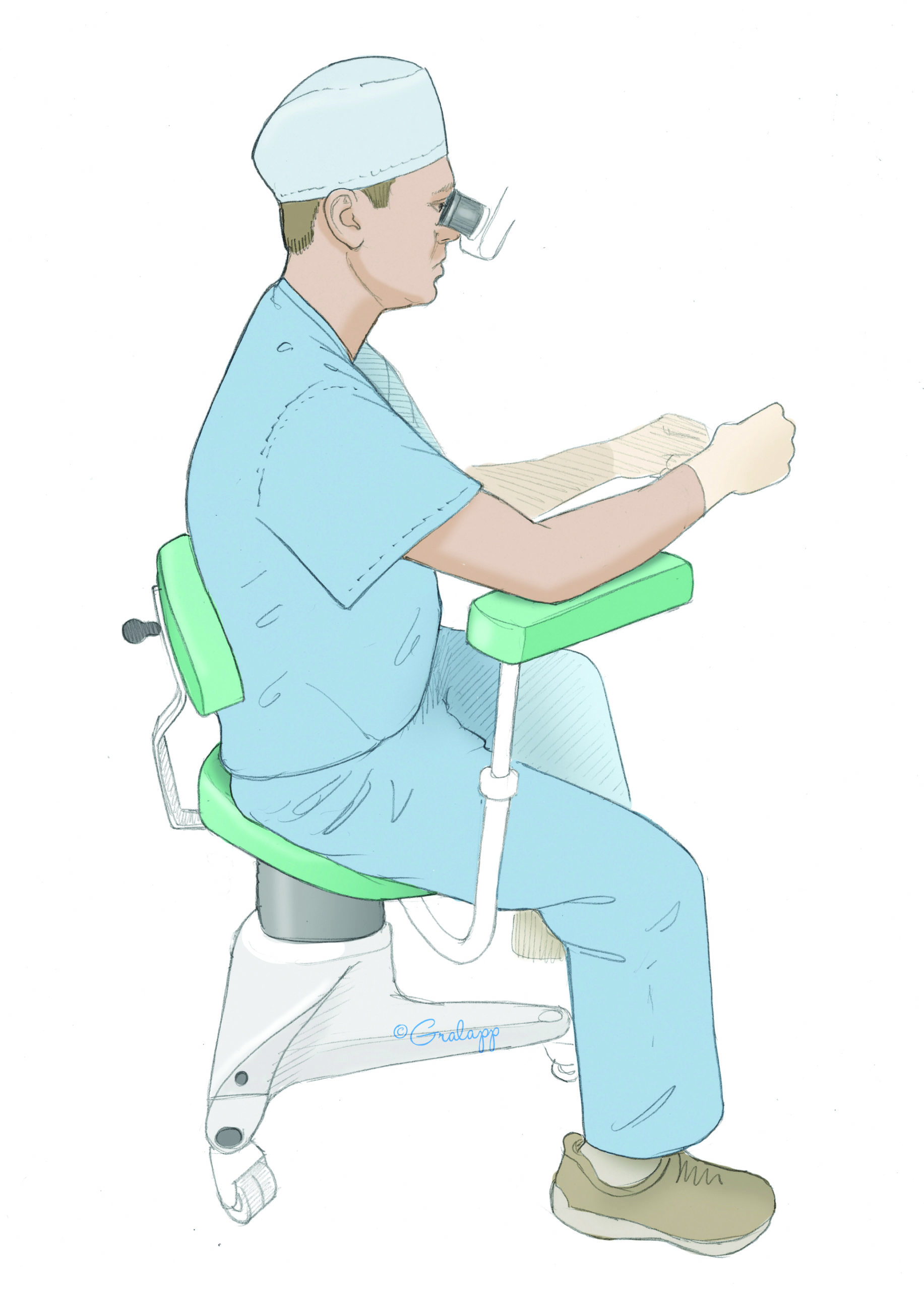 A sizable fraction of ear microsurgeons develop back problems over time. This can be mitigated by using proper posture during microsurgery. This involves upright posture and good lumbar support as shown here. Many surgeons use rests to enhance stability and alleviate arm fatigue. A sizable fraction of ear microsurgeons develop back problems over time. This can be mitigated by using proper posture during microsurgery. This involves upright posture and good lumbar support as shown here. Many surgeons use rests to enhance stability and alleviate arm fatigue.