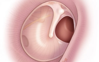 Anterior tympanic membrane perforation without a remaining rim. This type of perforation has a higher reperforation rate unless specialized techniques are used. Anterior tympanic membrane perforation without a remaining rim. This type of perforation has a higher reperforation rate unless specialized techniques are used.